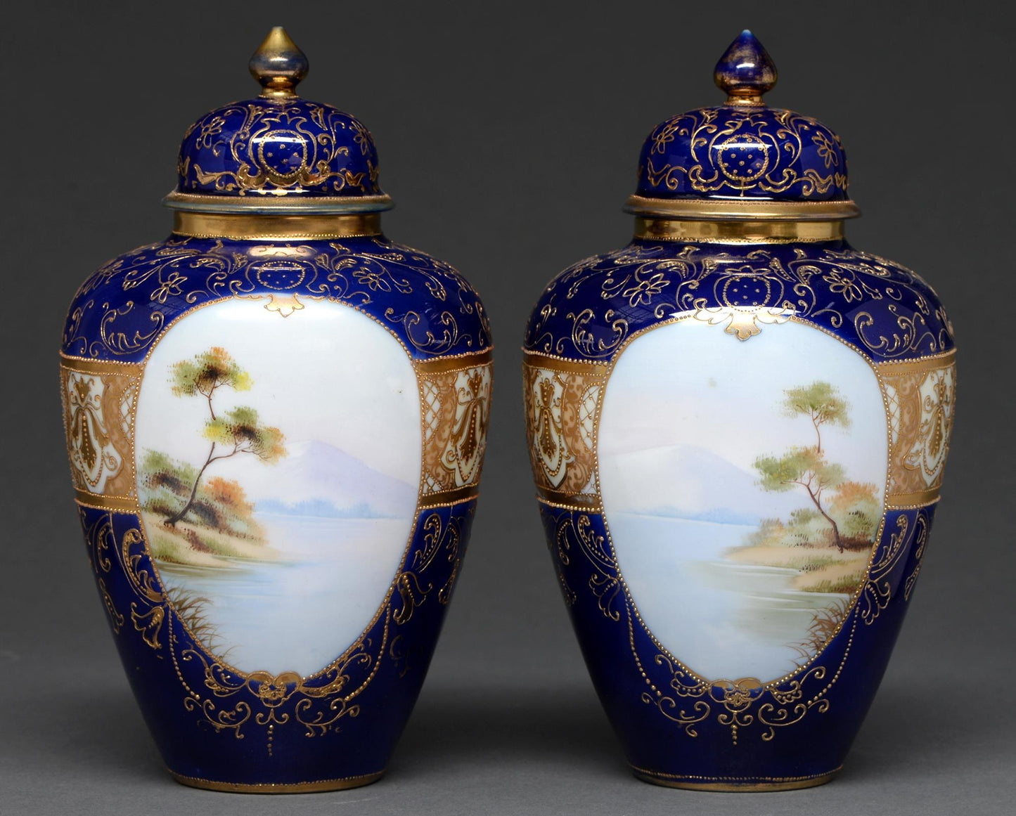 A Pair of Noritake Jars and Covers, C1930, Painted with Landscapes