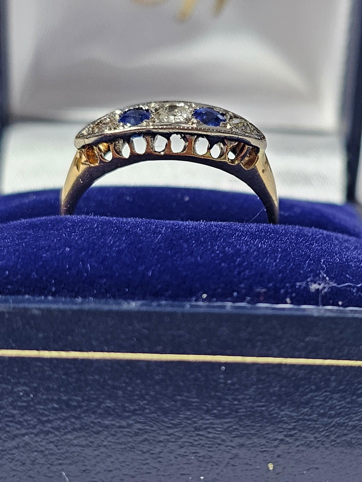 An English Antique Edwardian 18ct Gold, Platinum, Diamond and Sapphire Ring