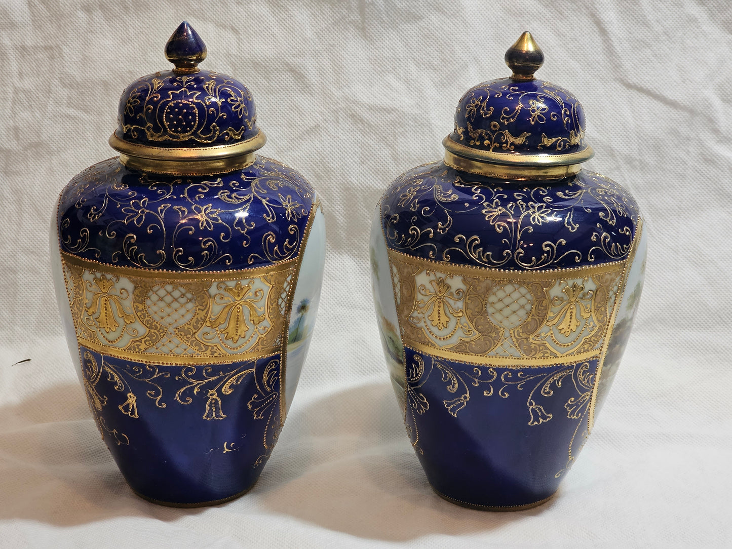 A Pair of Noritake Jars and Covers, C1930, Painted with Landscapes