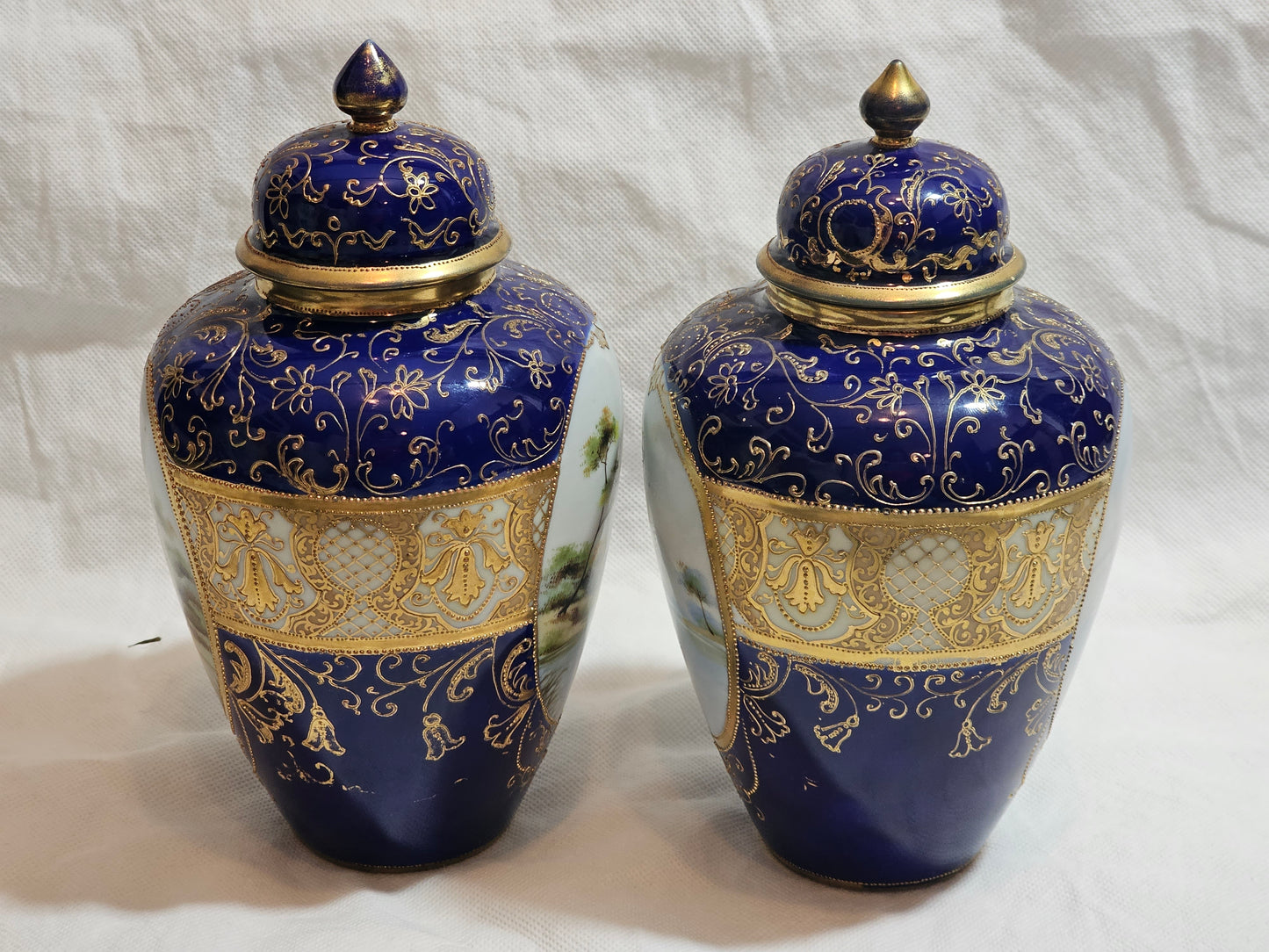 A Pair of Noritake Jars and Covers, C1930, Painted with Landscapes