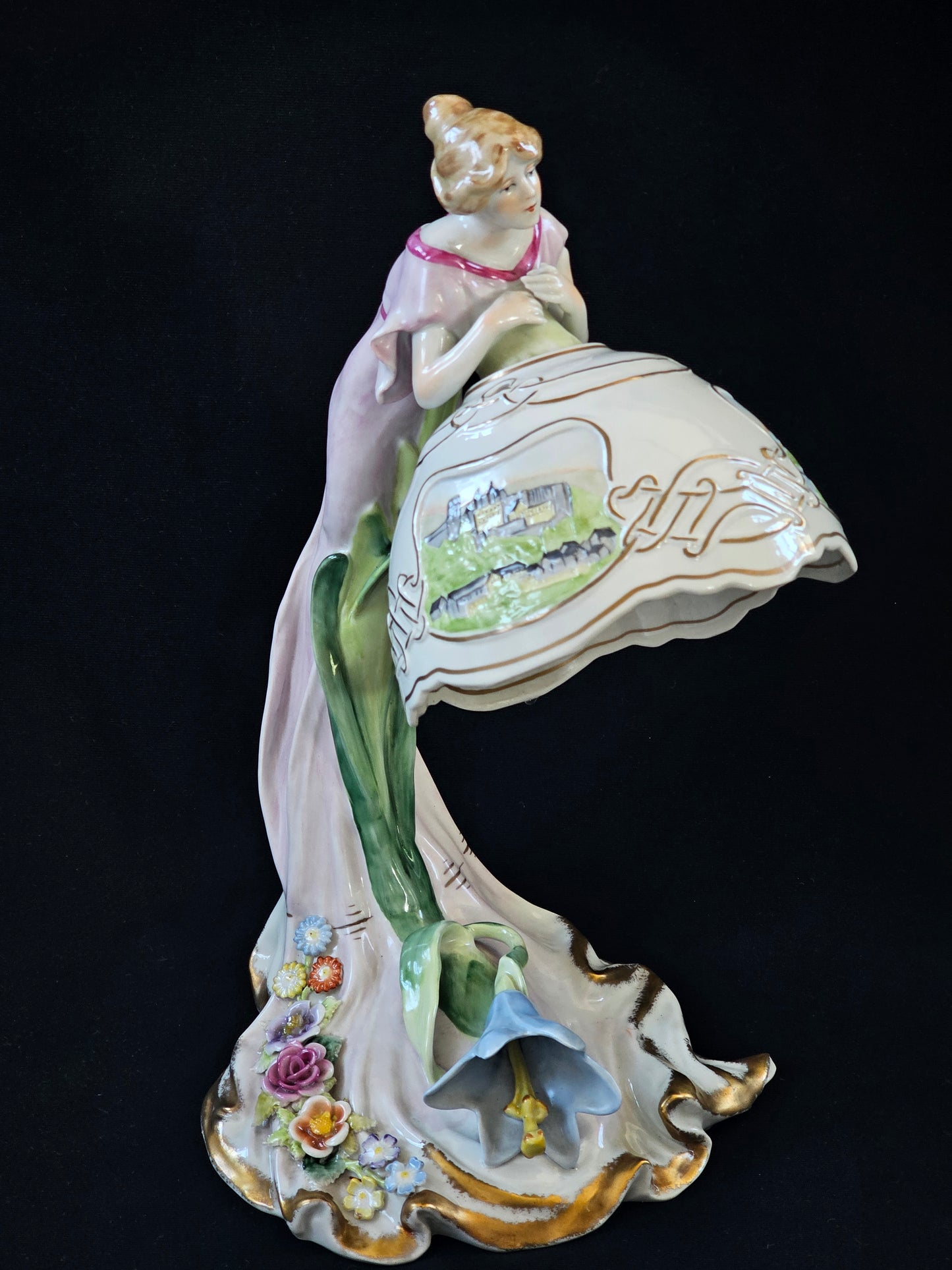 A Vintage German Art Deco Style P M P Figural Lamp & Shade, Handpainted