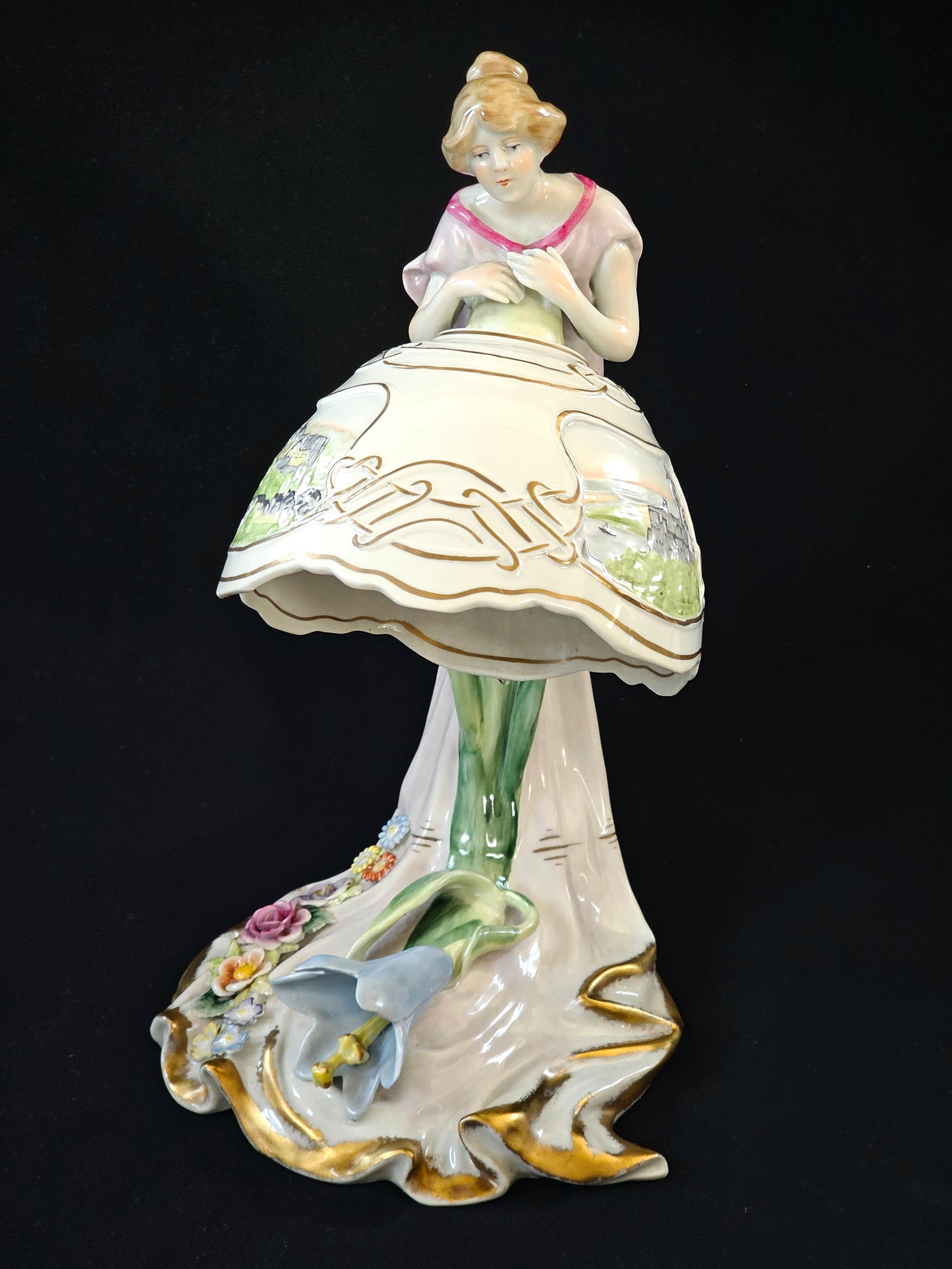 A Vintage German Art Deco Style P M P Figural Lamp & Shade, Handpainted