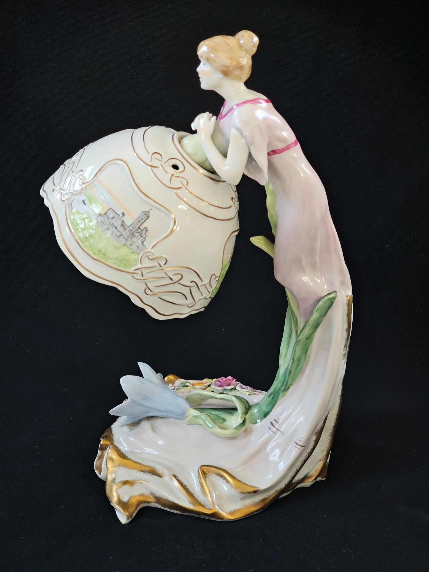 A Vintage German Art Deco Style P M P Figural Lamp & Shade, Handpainted