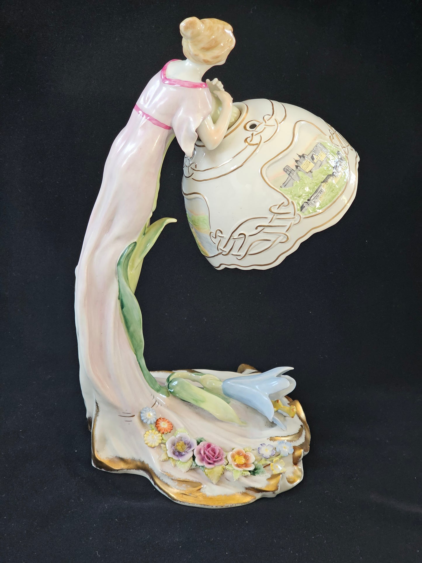 A Vintage German Art Deco Style P M P Figural Lamp & Shade, Handpainted