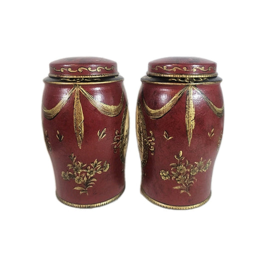 A Pair of Toleware Canisters in Red 18thC Style Hand Painted with Chinoiserie