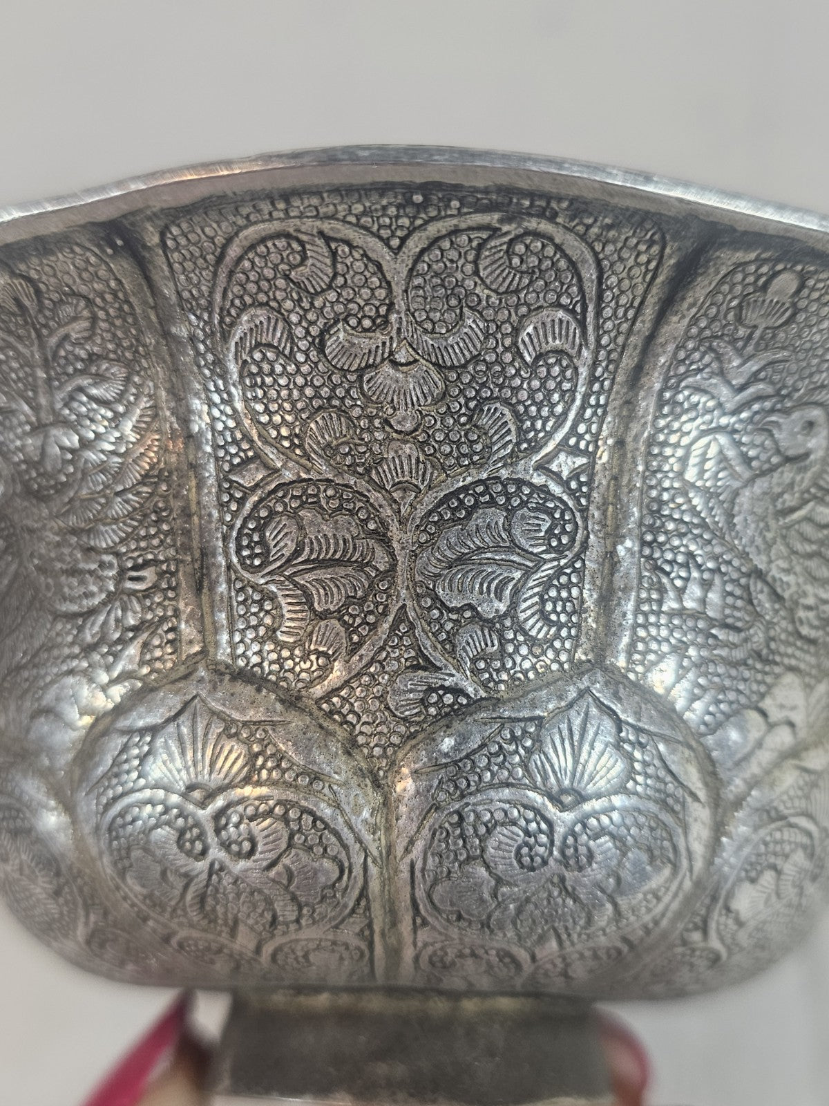 An Antique Chinese White Metal Repoussé Bowl Elaborately Decorated
