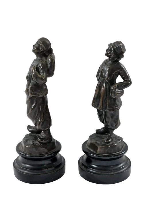 An Antique Pair of French Fin de Siècle Bronzed Spelter Statuettes and Peasants,