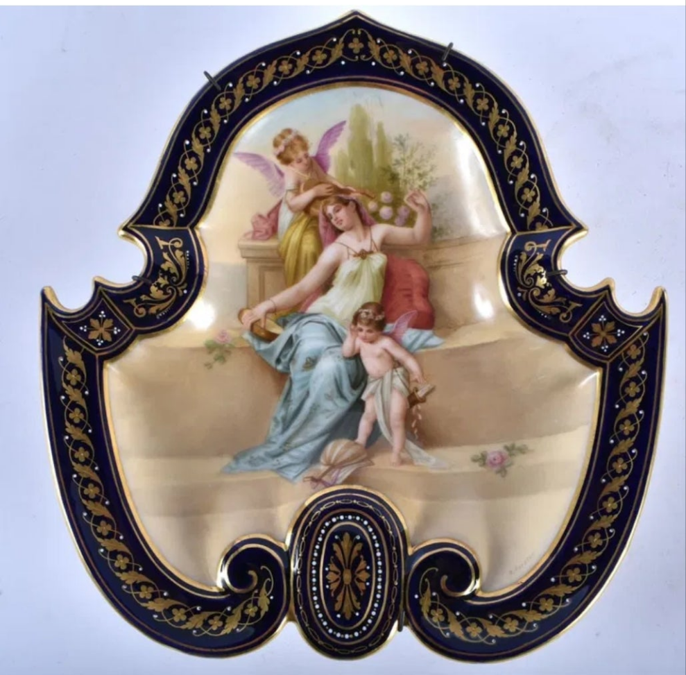 A Pair of 19thC Austrian Vienna Porcelain Dishes Hand Painted with Putti, Signed