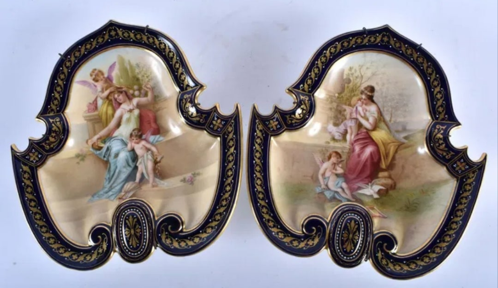 A Pair of 19thC Austrian Vienna Porcelain Dishes Hand Painted with Putti, Signed