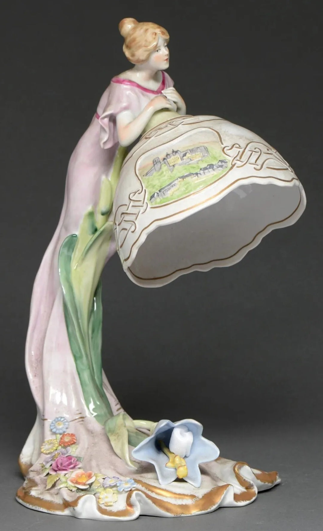 A Vintage German Art Deco Style P M P Figural Lamp & Shade, Handpainted