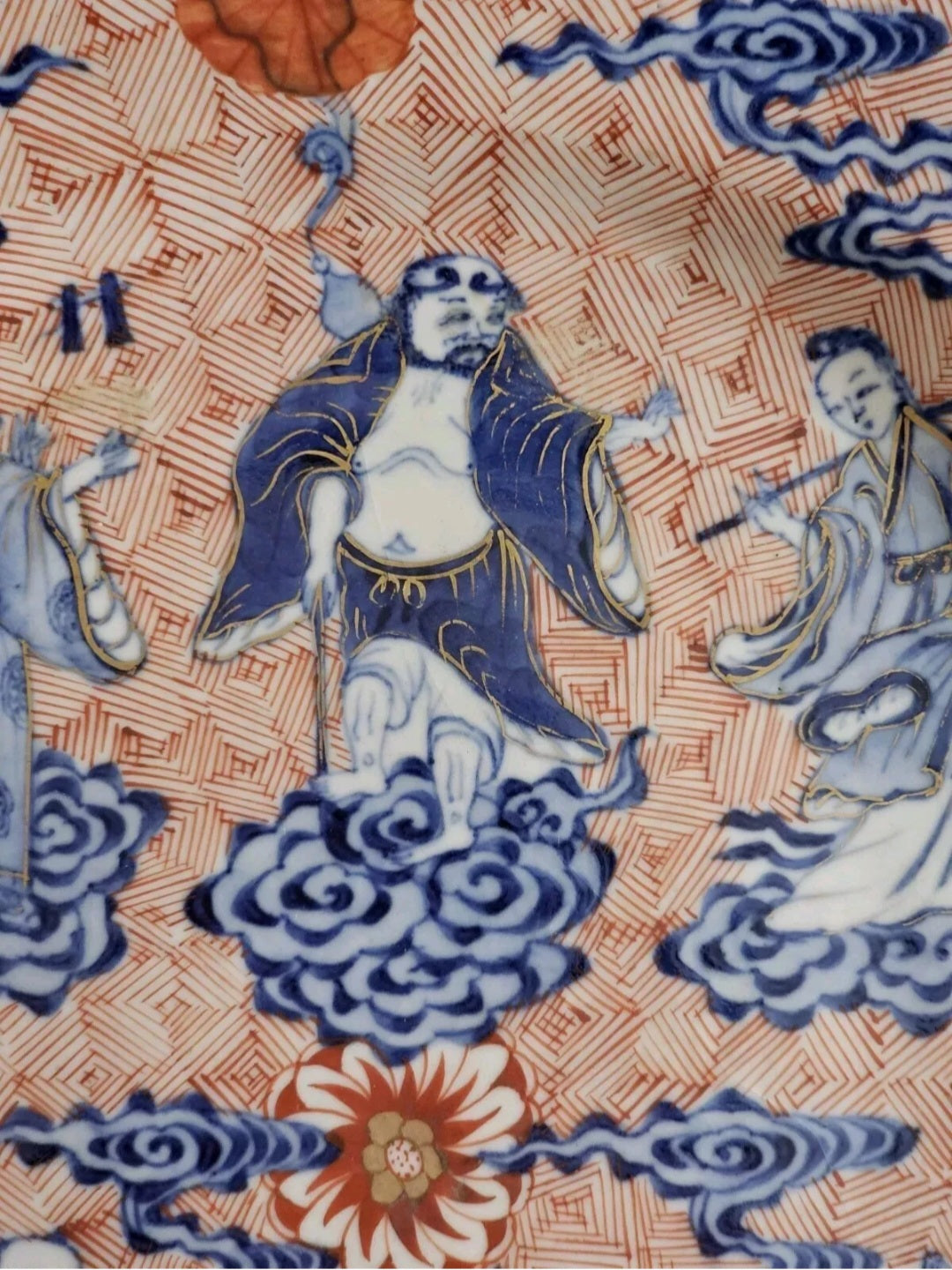 18thC Chinese Porcelain Blue, White & Iron Red Eight Immortal Dish, Xuande Mark
