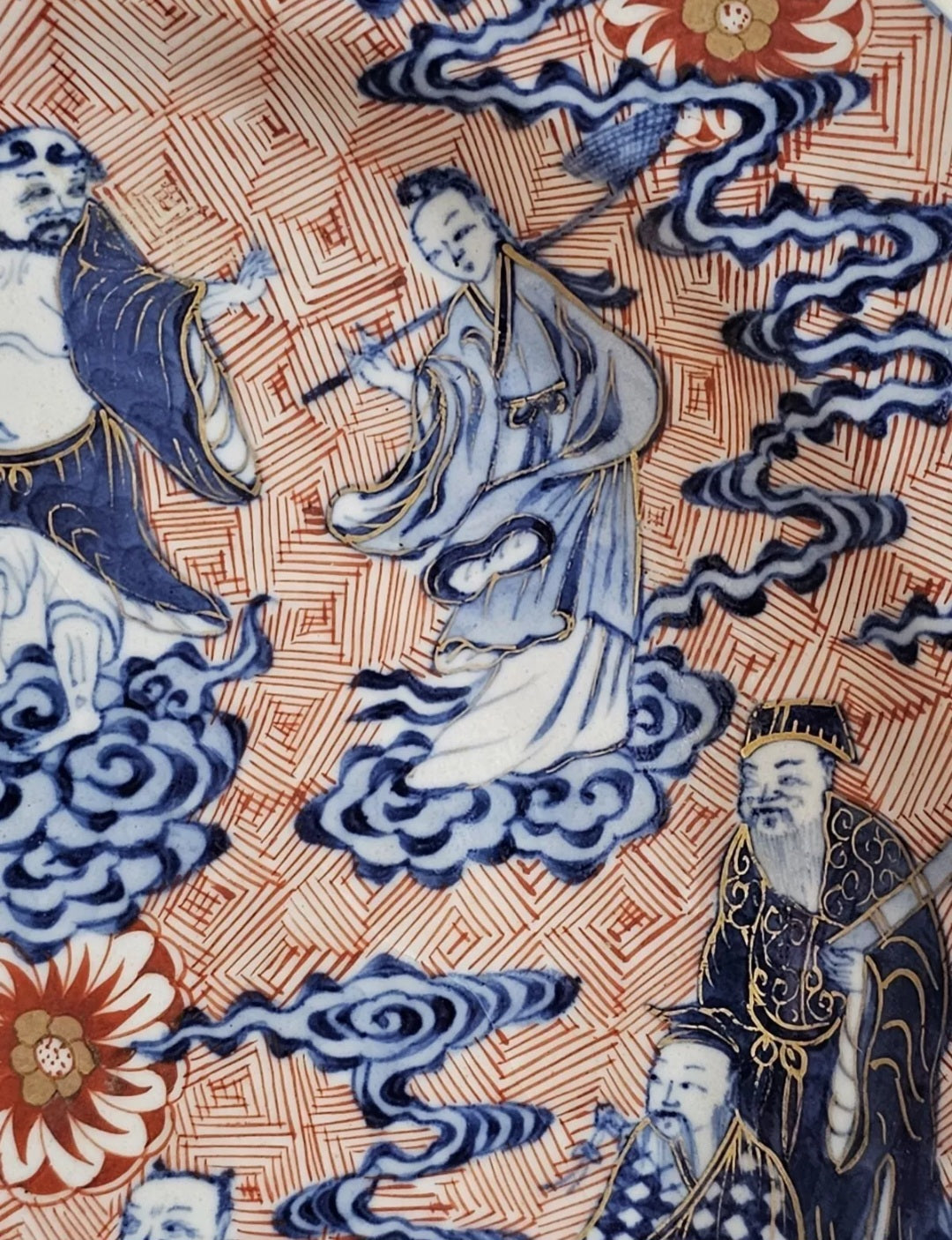 18thC Chinese Porcelain Blue, White & Iron Red Eight Immortal Dish, Xuande Mark