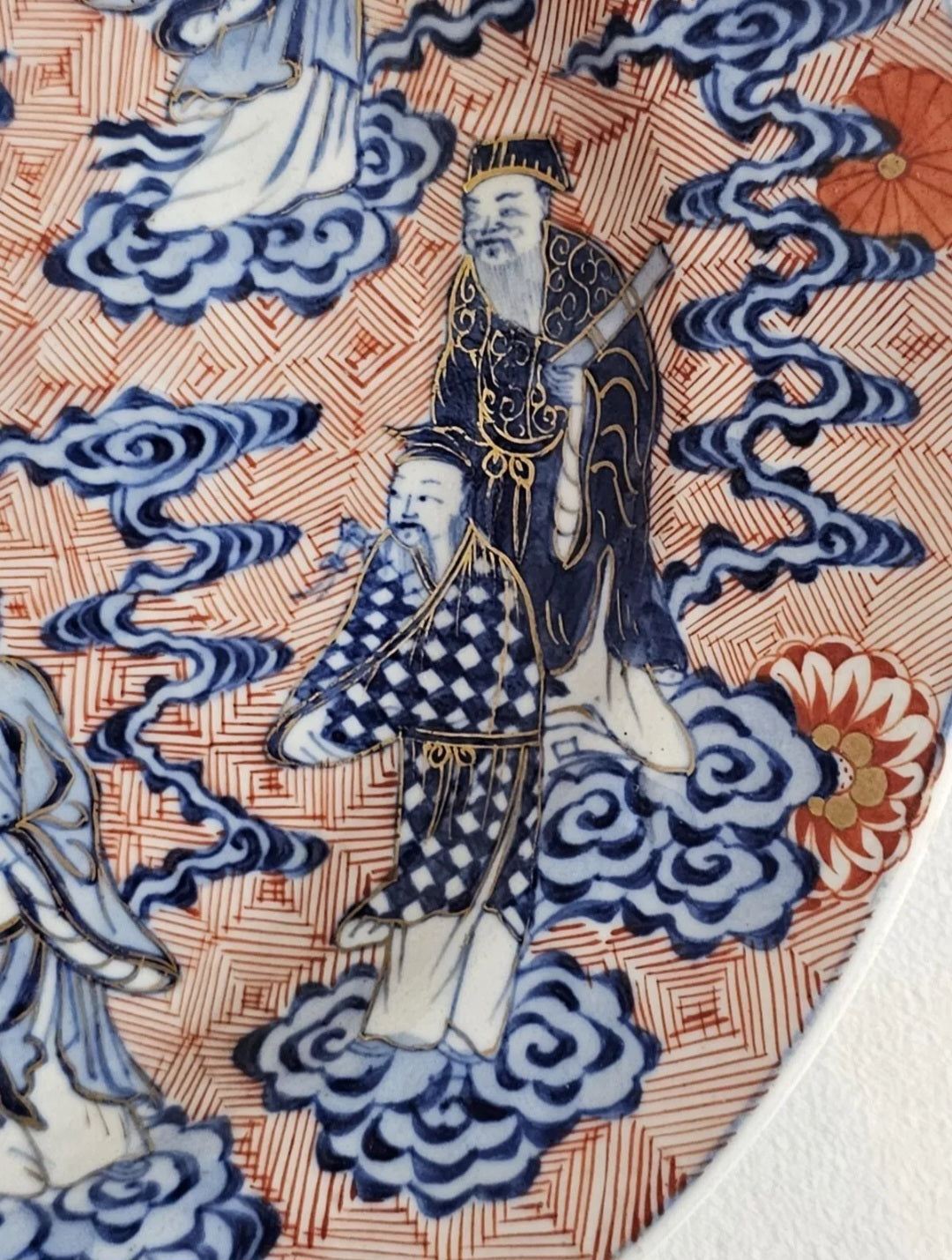 18thC Chinese Porcelain Blue, White & Iron Red Eight Immortal Dish, Xuande Mark