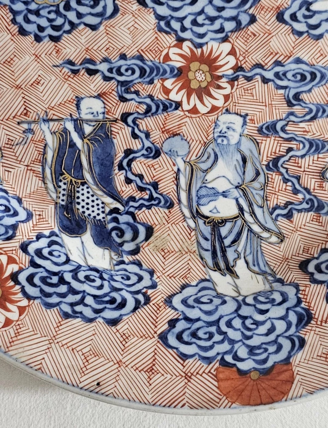 18thC Chinese Porcelain Blue, White & Iron Red Eight Immortal Dish, Xuande Mark