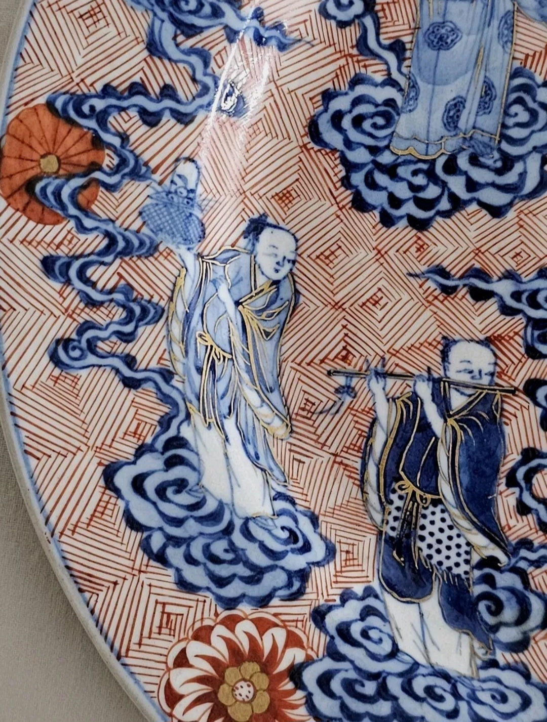 18thC Chinese Porcelain Blue, White & Iron Red Eight Immortal Dish, Xuande Mark