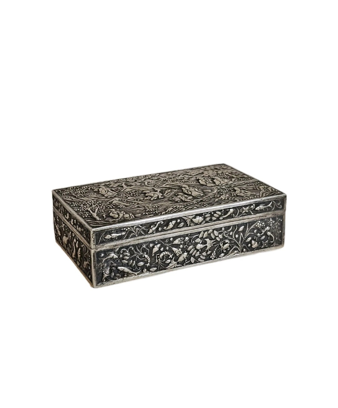 A 19thC Chinese Export Silver Cigarette Box Very Finely Repousse Decorated.