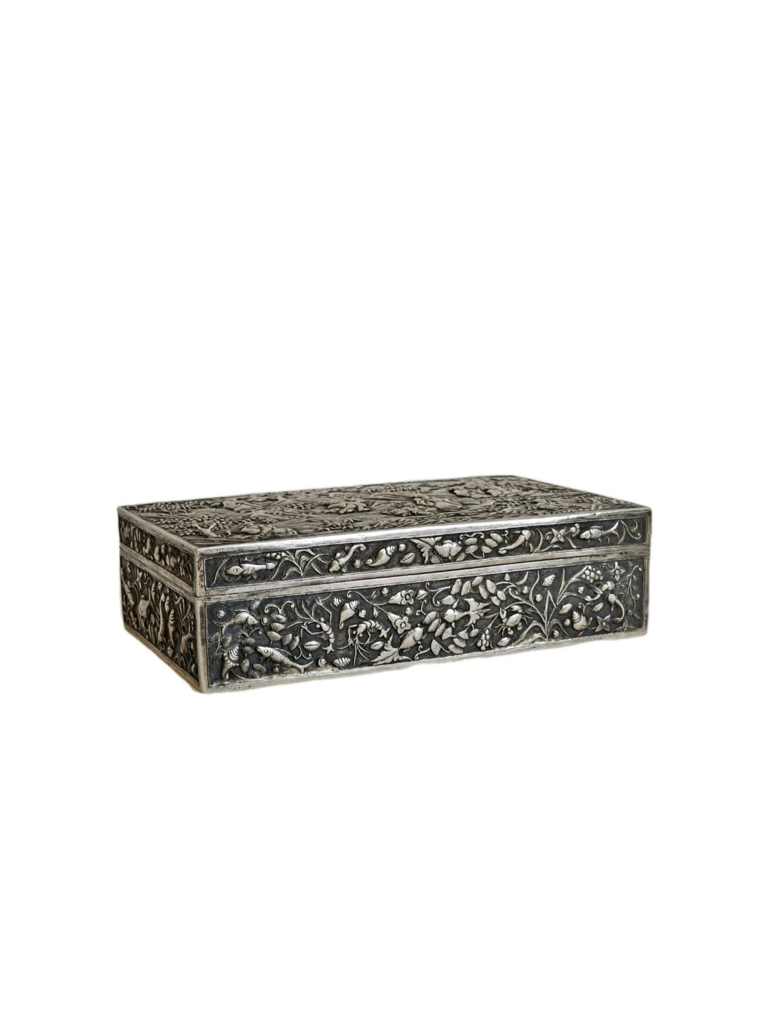 A 19thC Chinese Export Silver Cigarette Box Very Finely Repousse Decorated.