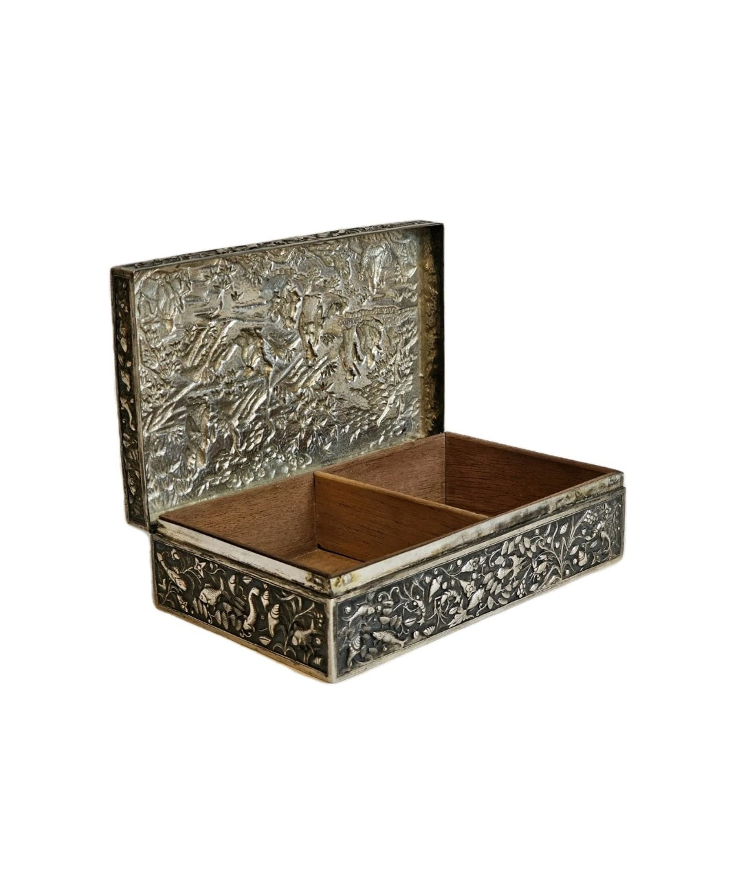 A 19thC Chinese Export Silver Cigarette Box Very Finely Repousse Decorated.