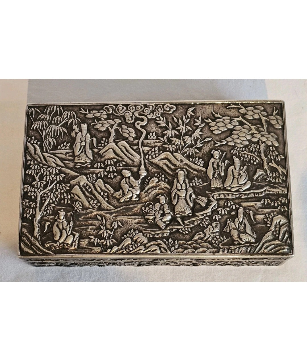 A 19thC Chinese Export Silver Cigarette Box Very Finely Repousse Decorated.