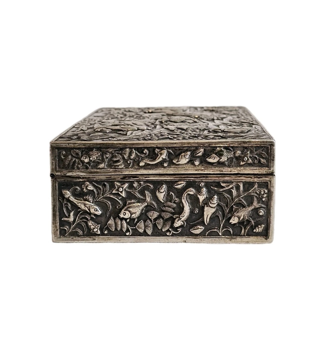 A 19thC Chinese Export Silver Cigarette Box Very Finely Repousse Decorated.