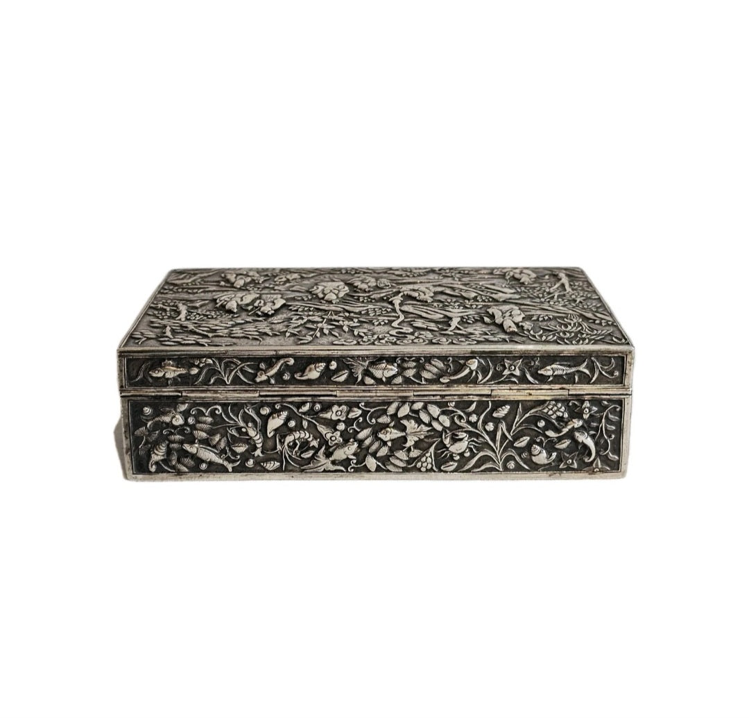 A 19thC Chinese Export Silver Cigarette Box Very Finely Repousse Decorated.