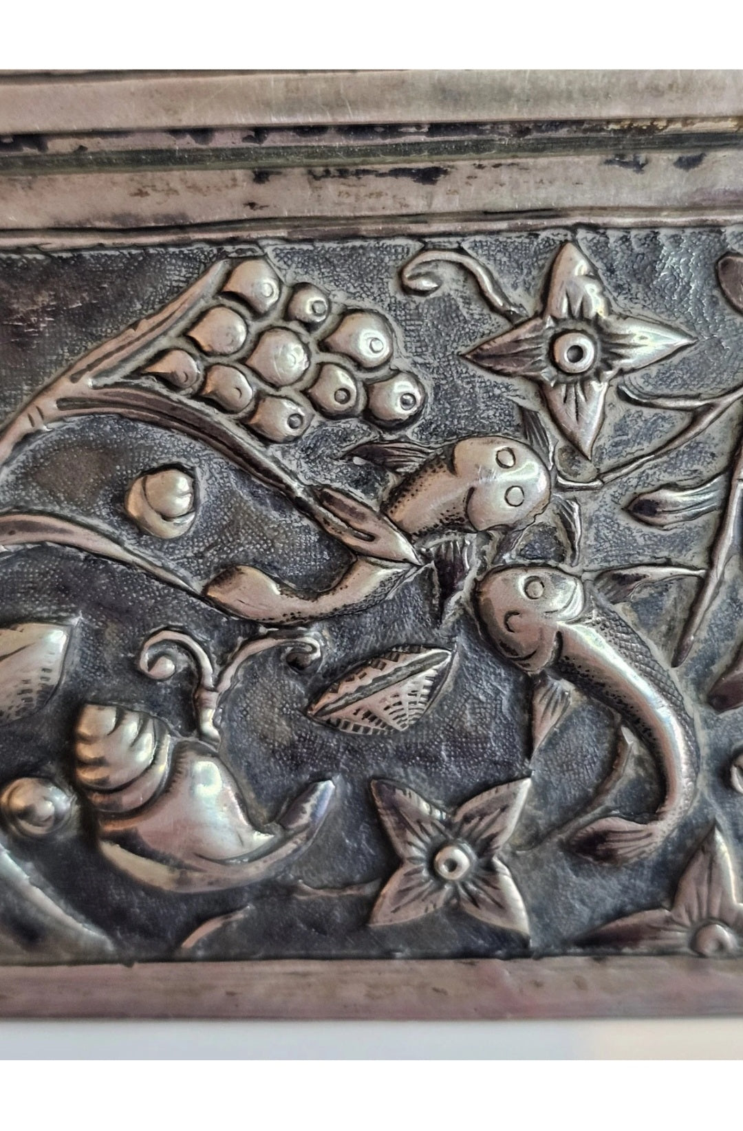 A 19thC Chinese Export Silver Cigarette Box Very Finely Repousse Decorated.