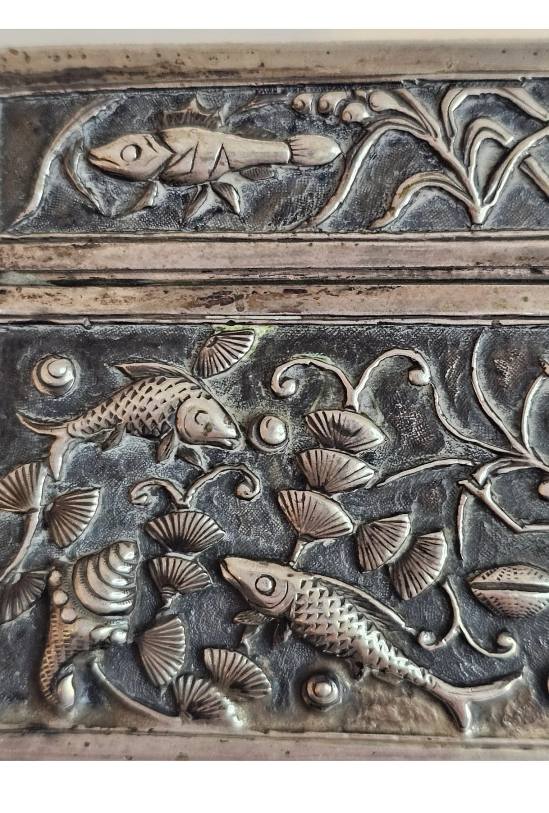 A 19thC Chinese Export Silver Cigarette Box Very Finely Repousse Decorated.