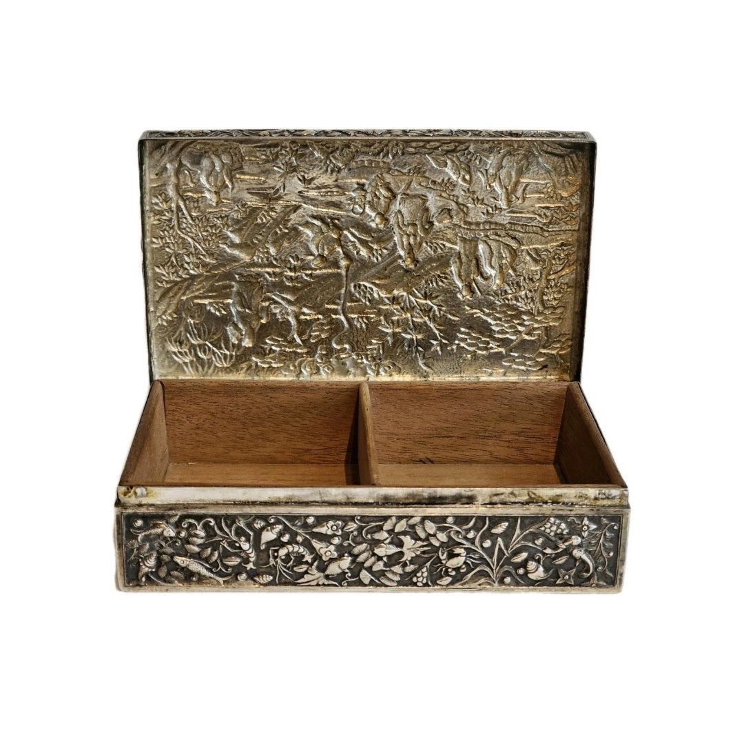 A 19thC Chinese Export Silver Cigarette Box Very Finely Repousse Decorated.