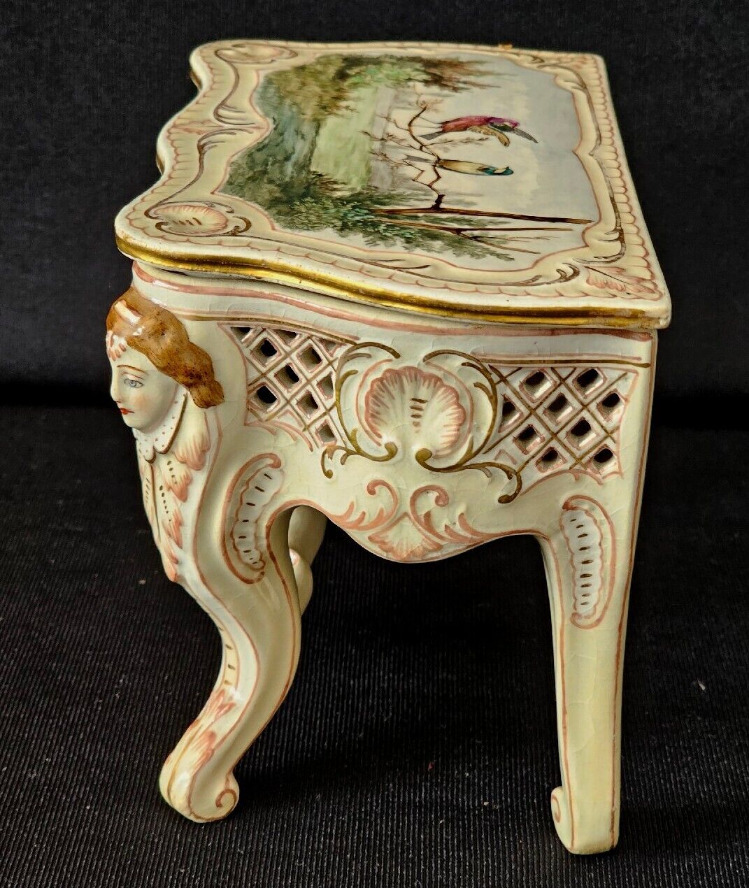 A 19thC French Hand Painted Jewellery Casket Box with Pierced Panels