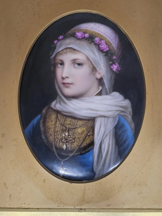 A 19thC German Porcelain Plaque of a Portrait of a Young Woman, Gilt Framed
