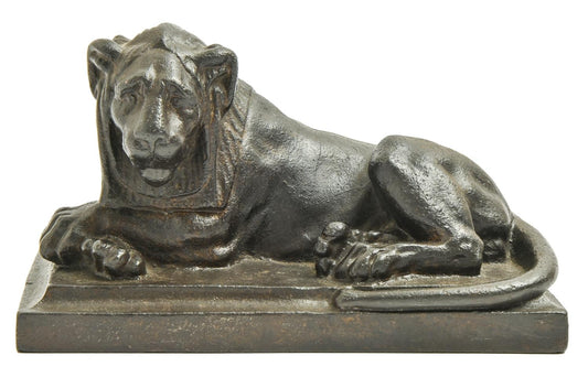 A Cast Iron Sculpture of a Recumbent Lion, on a Rectangular Base,