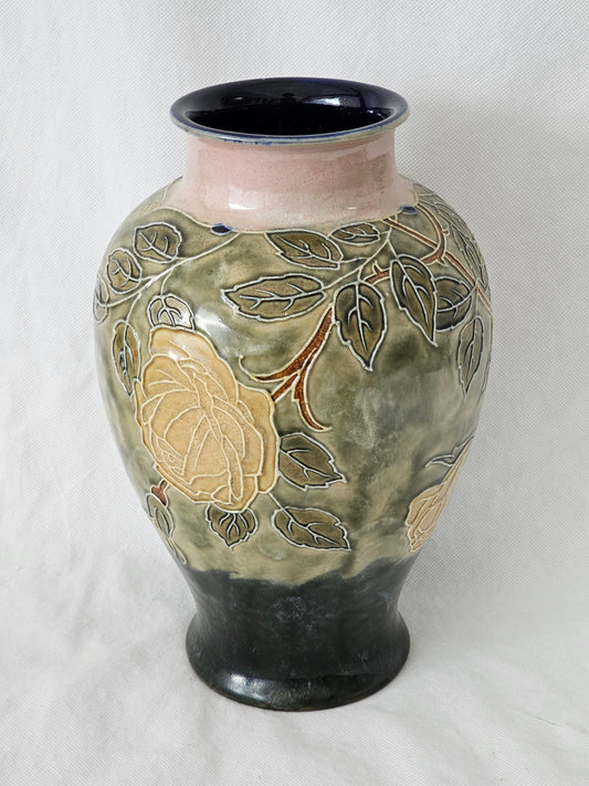 A Royal Doulton stoneware vase, Decorated with Roses, Signed by Bessie Newbery