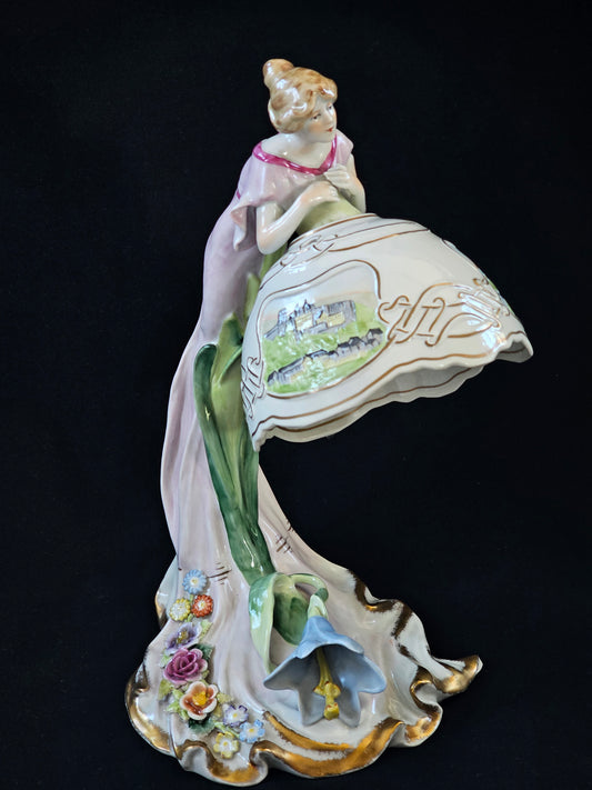 A Vintage German Art Deco Style P M P Figural Lamp & Shade, Handpainted