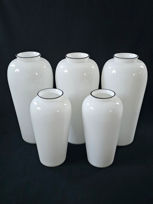 A Vintage Set of Five White Cased Glass Vases, with Silver Coloured Metal Rim,