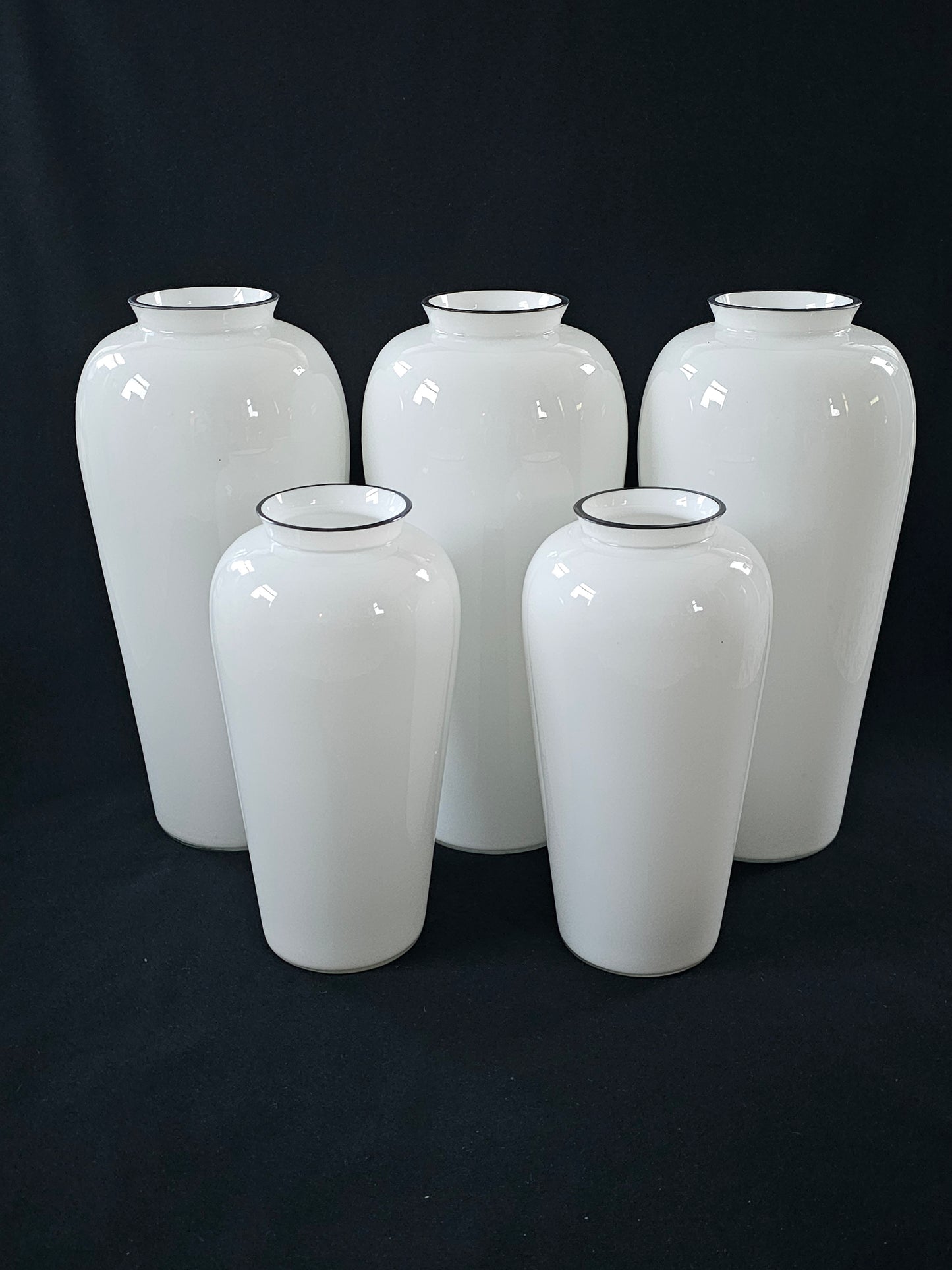 A Vintage Set of Five White Cased Glass Vases, with Silver Coloured Metal Rim,