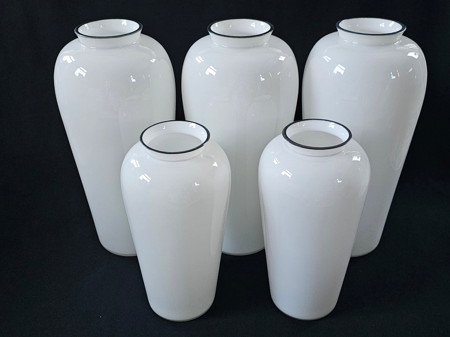 A Vintage Set of Five White Cased Glass Vases, with Silver Coloured Metal Rim,