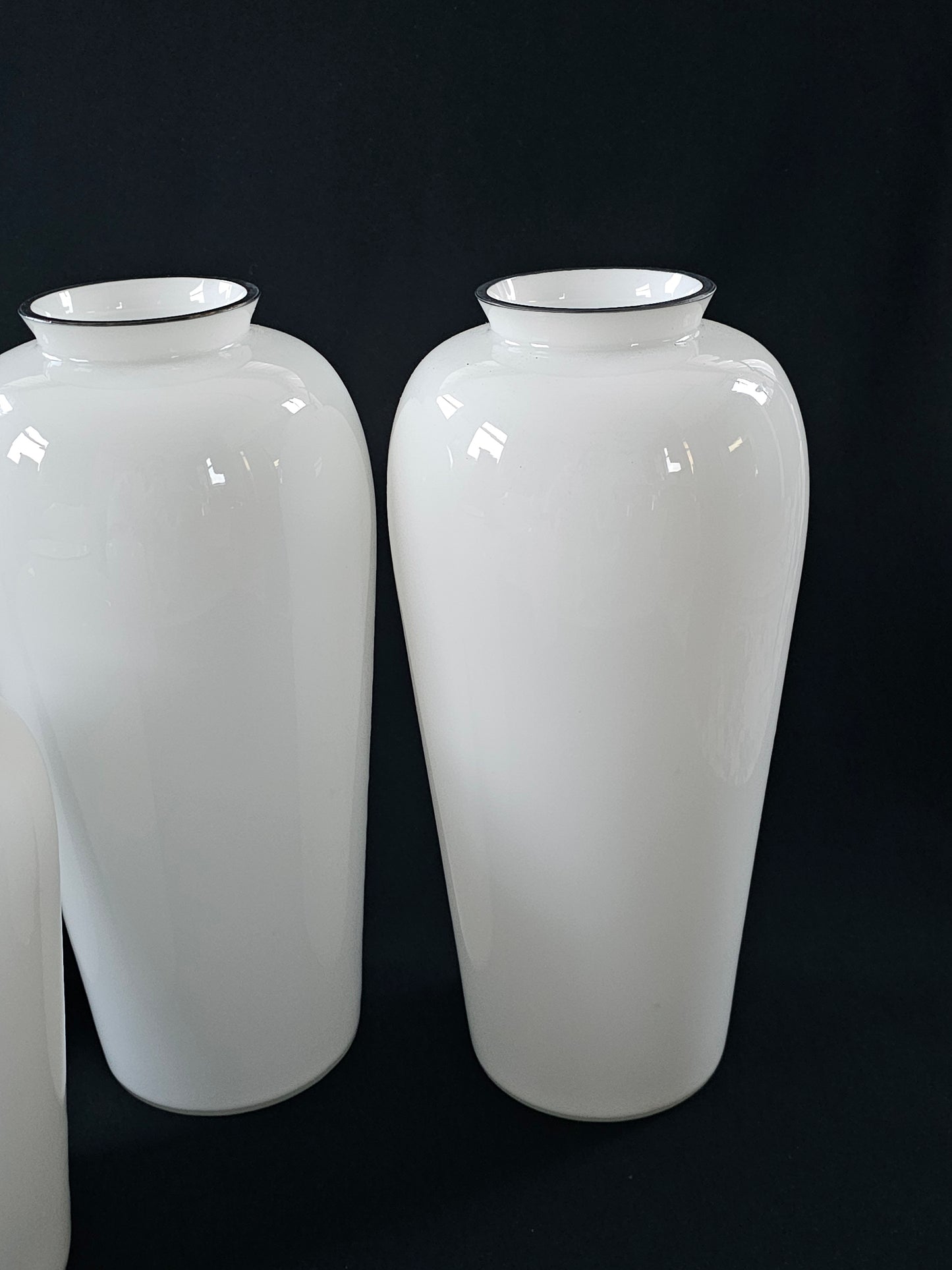 A Vintage Set of Five White Cased Glass Vases, with Silver Coloured Metal Rim,