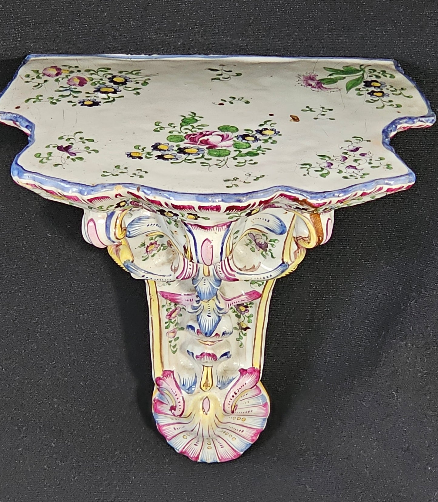 A 19thC French Faience Wall Shelf, of Scrolling Rococo Form