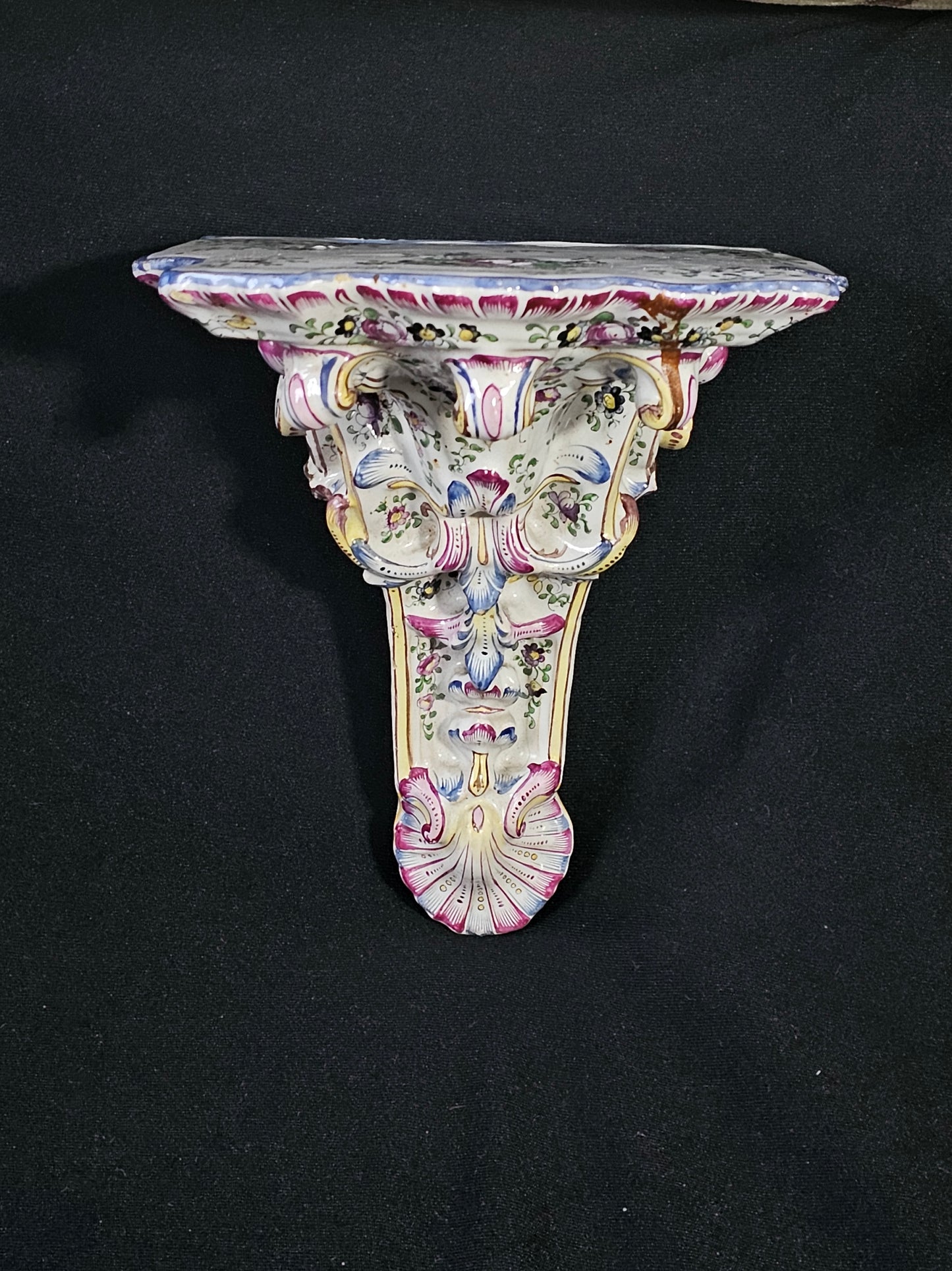 A 19thC French Faience Wall Shelf, of Scrolling Rococo Form