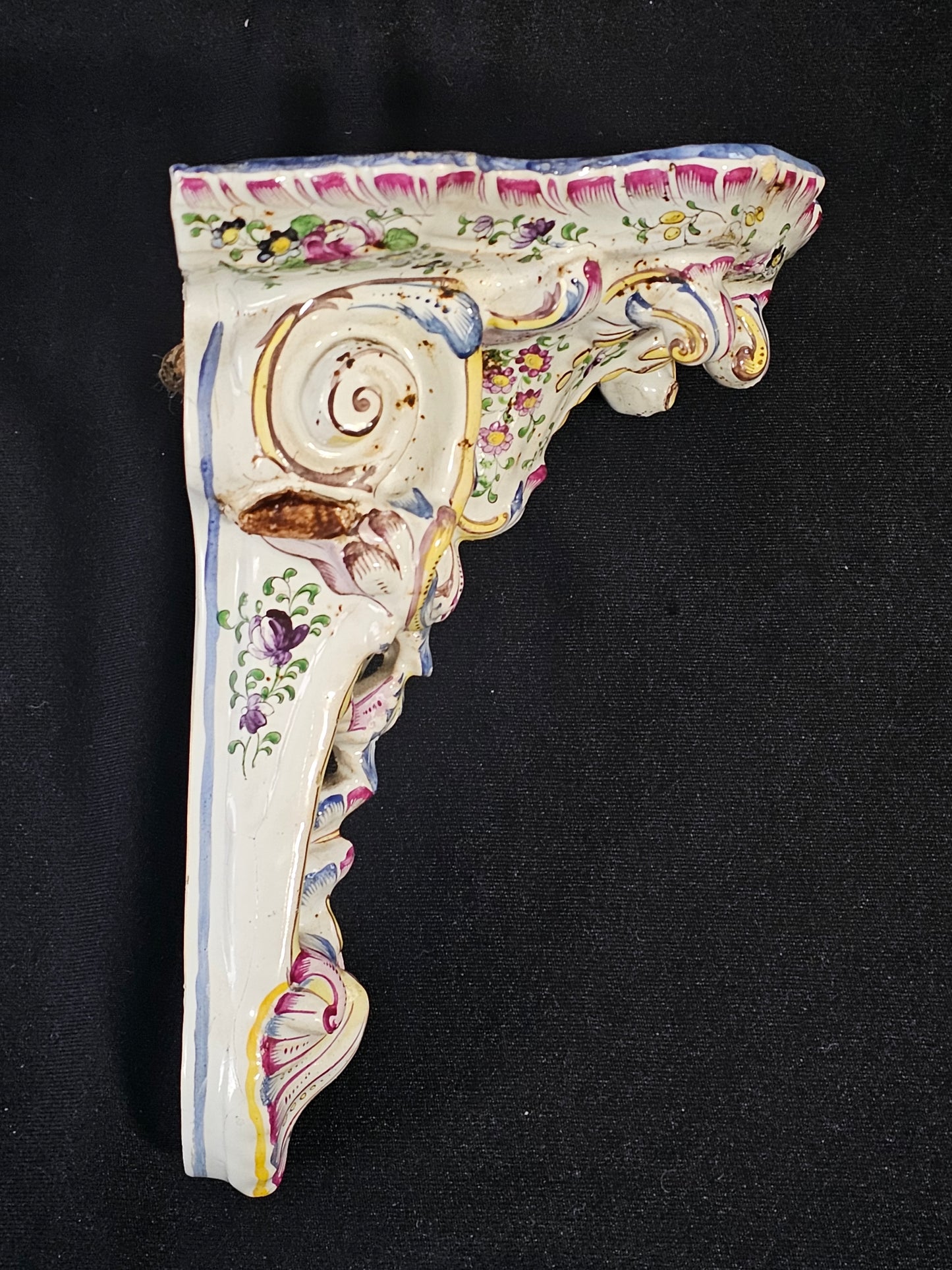 A 19thC French Faience Wall Shelf, of Scrolling Rococo Form