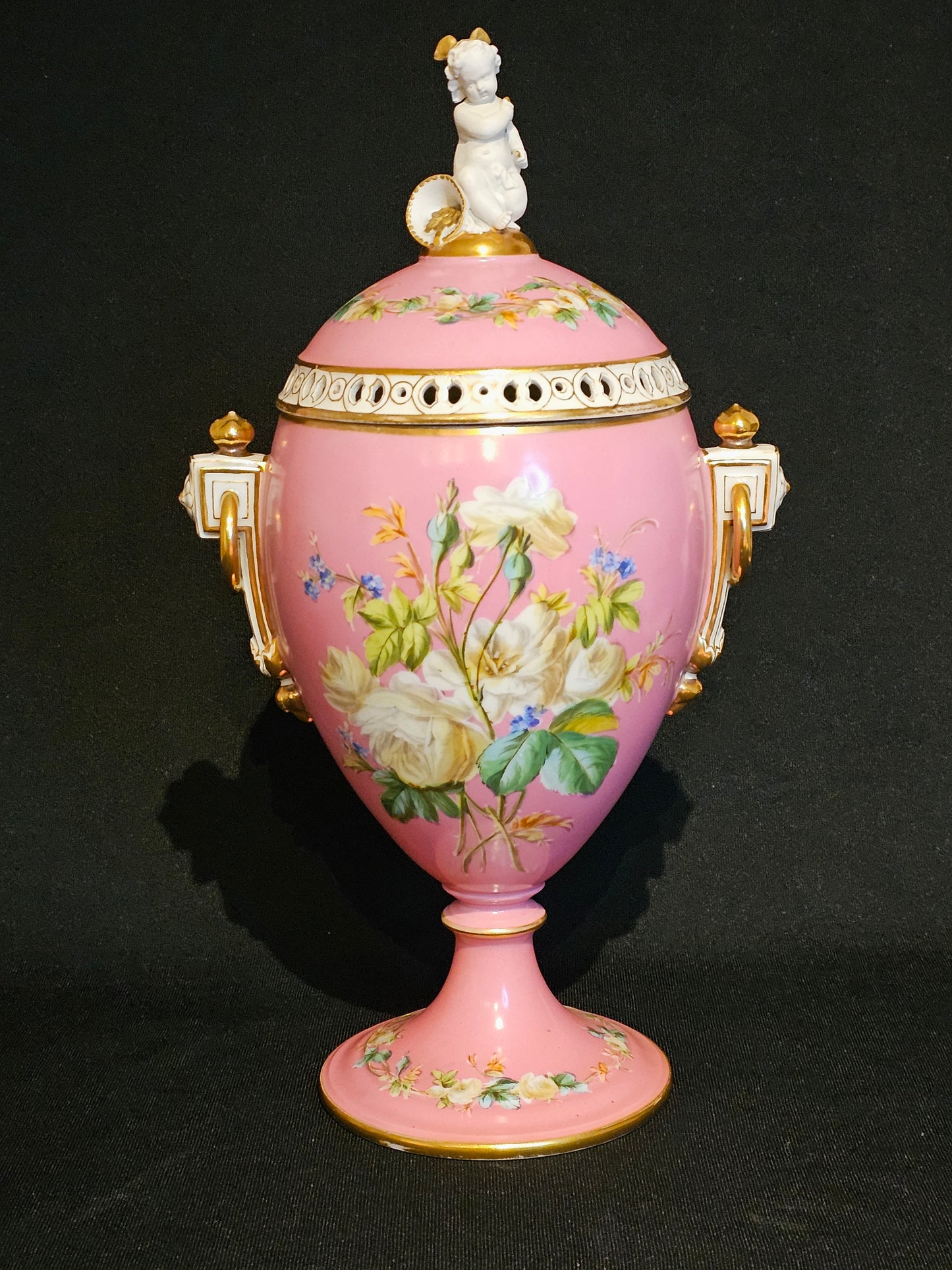 A Pink 19thC French Porcelain Potpourri Vase & Cover.