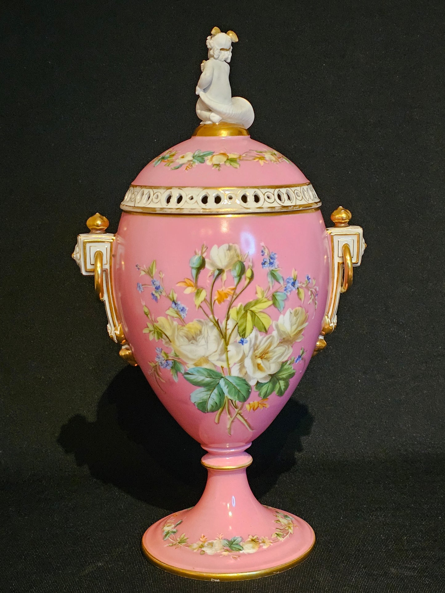 A Pink 19thC French Porcelain Potpourri Vase & Cover.