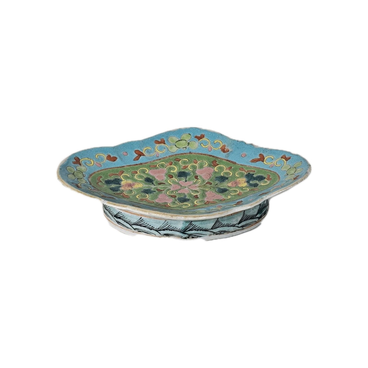 A 19thC Chinese Nyonya Porcelain Dish, Turquois Ground with Colourful Enamel