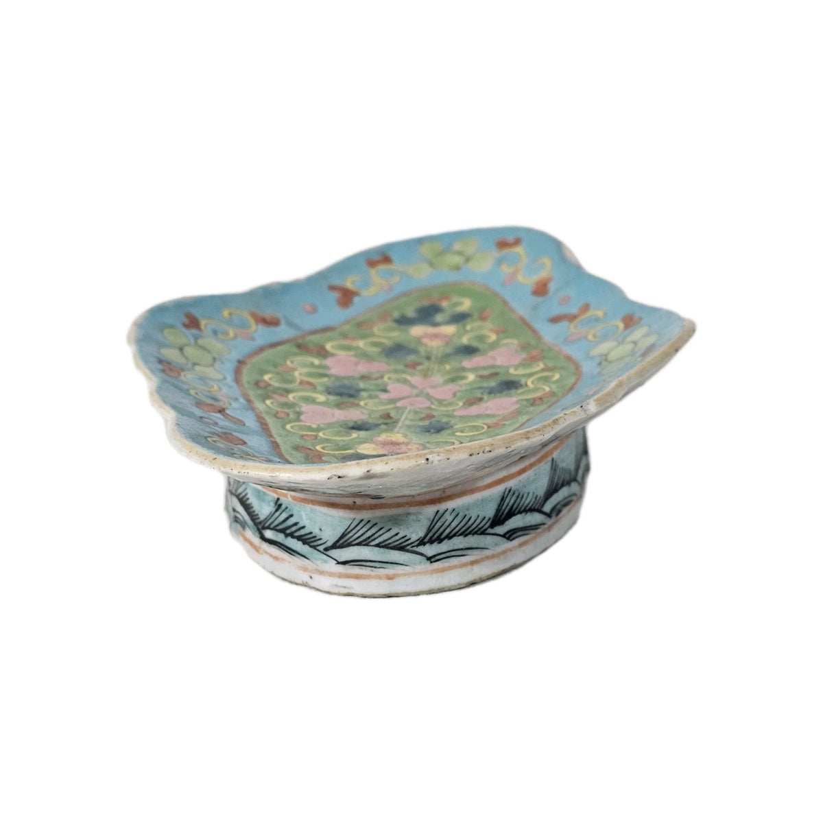 A 19thC Chinese Nyonya Porcelain Dish, Turquois Ground with Colourful Enamel