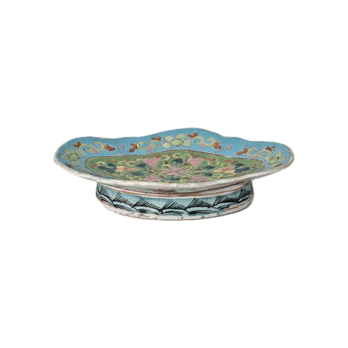 A 19thC Chinese Nyonya Porcelain Dish, Turquois Ground with Colourful Enamel