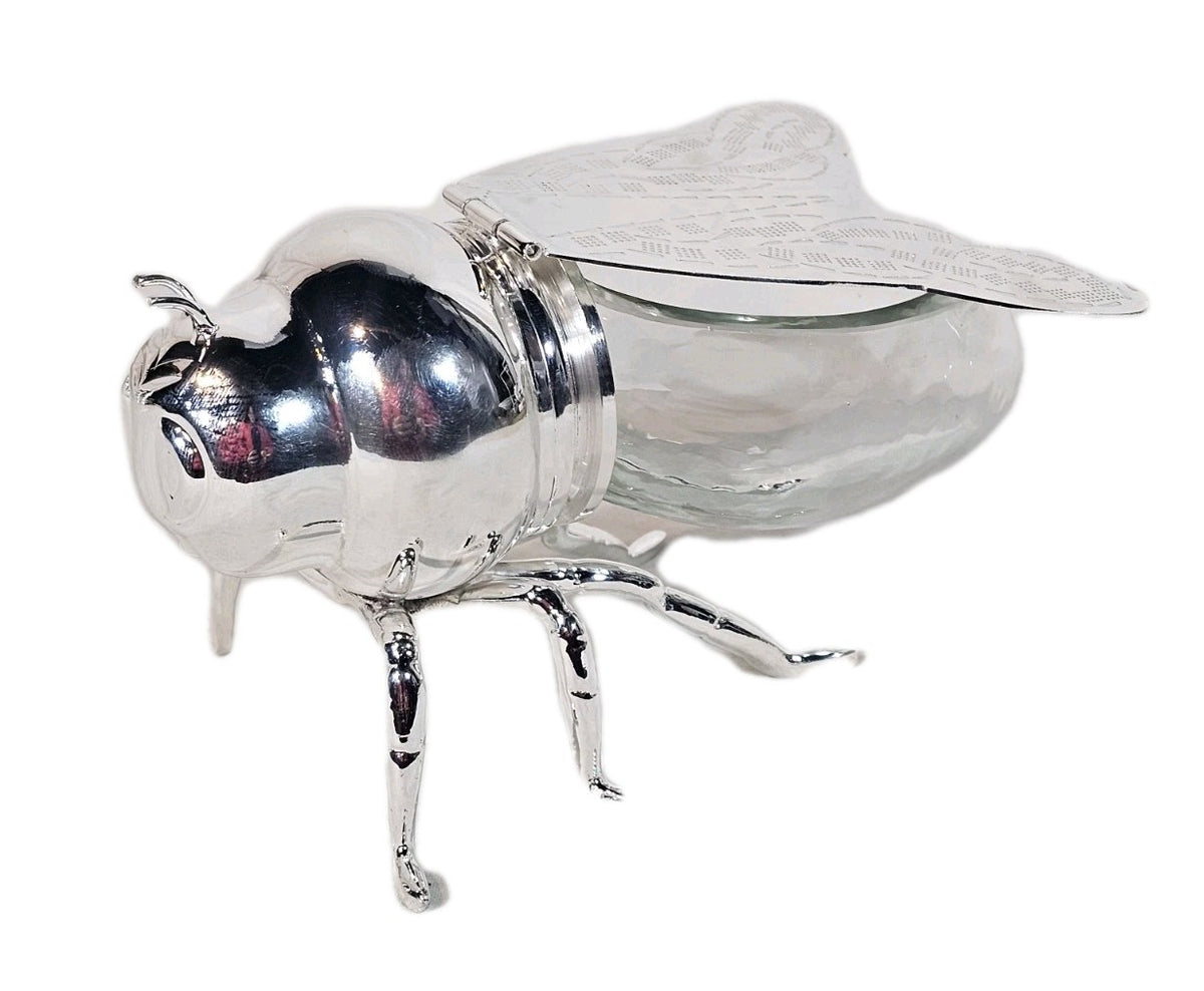 A Novelty Silver Plated Bee Shaped Honey Jam Pot with Hinged Wings Lid