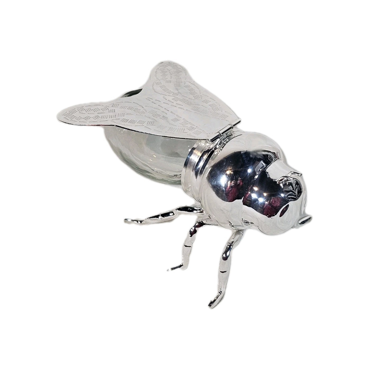 A Novelty Silver Plated Bee Shaped Honey Jam Pot with Hinged Wings Lid