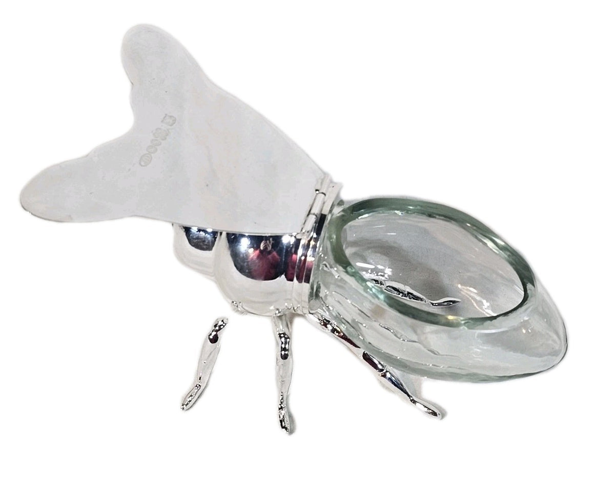 A Novelty Silver Plated Bee Shaped Honey Jam Pot with Hinged Wings Lid