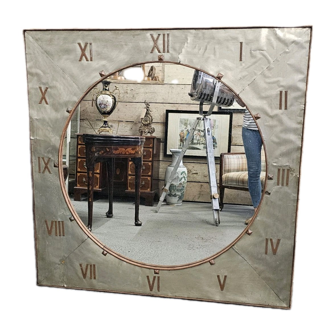 A Large Mid Century Statement Roman Numeral Clock Face Mirror
