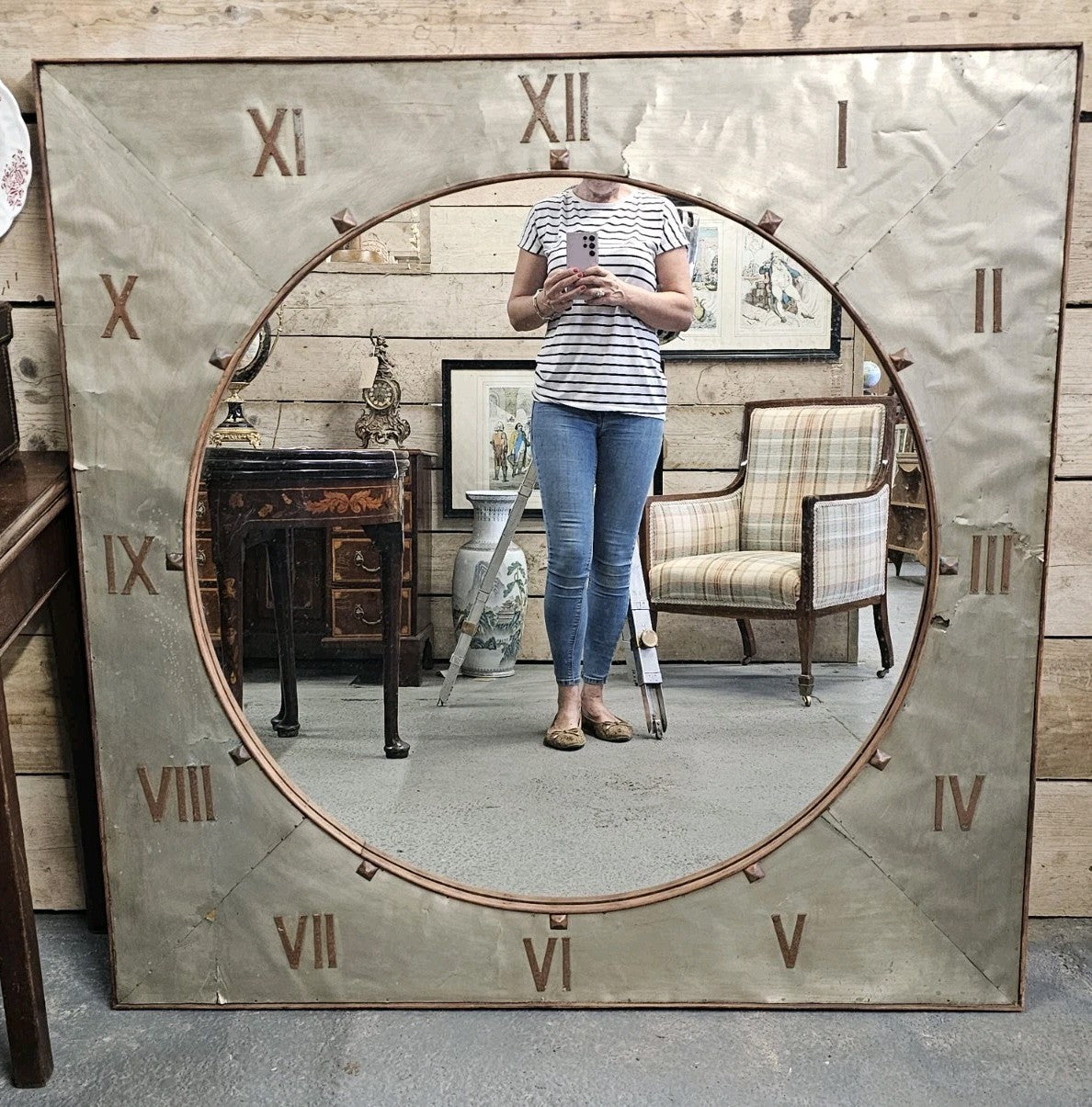 A Large Mid Century Statement Roman Numeral Clock Face Mirror